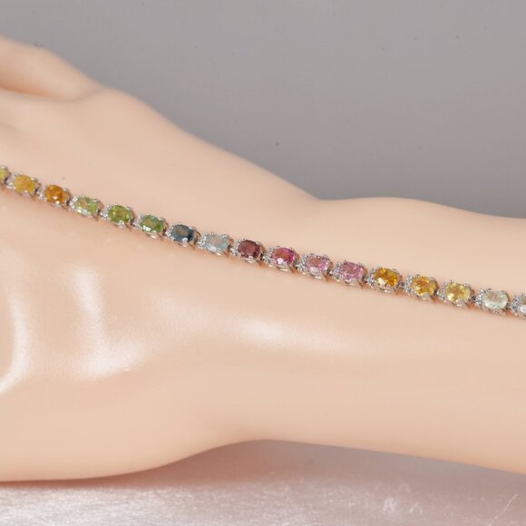 Natural Multi Tourmaline Gemstone Tennis Bracelet 925 Sterling Silver - Picture 3 of 4